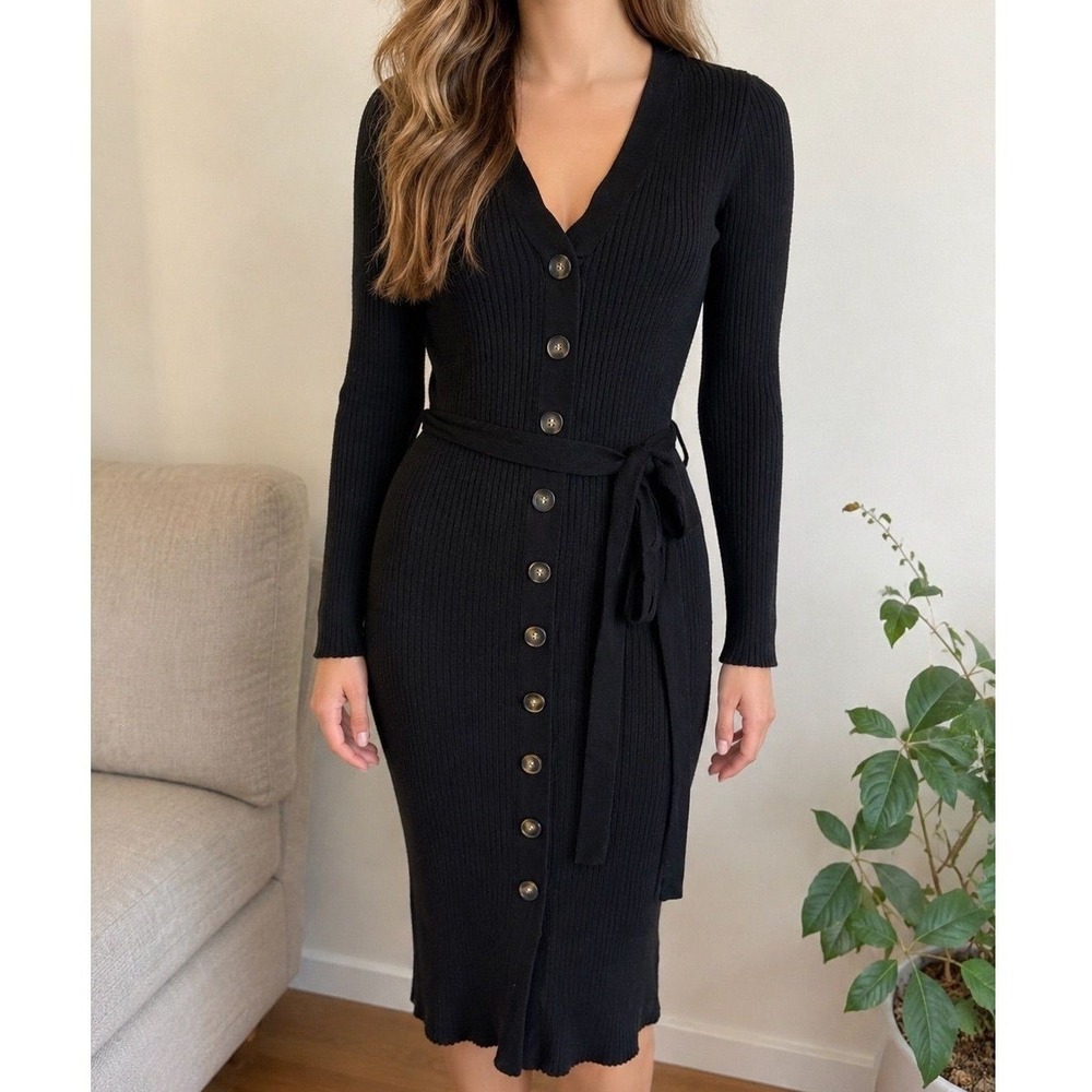 Black Ribbed Knit Button Down Midi Dress‎ Long Sleeve Tie Waist V-Neck Bodycon